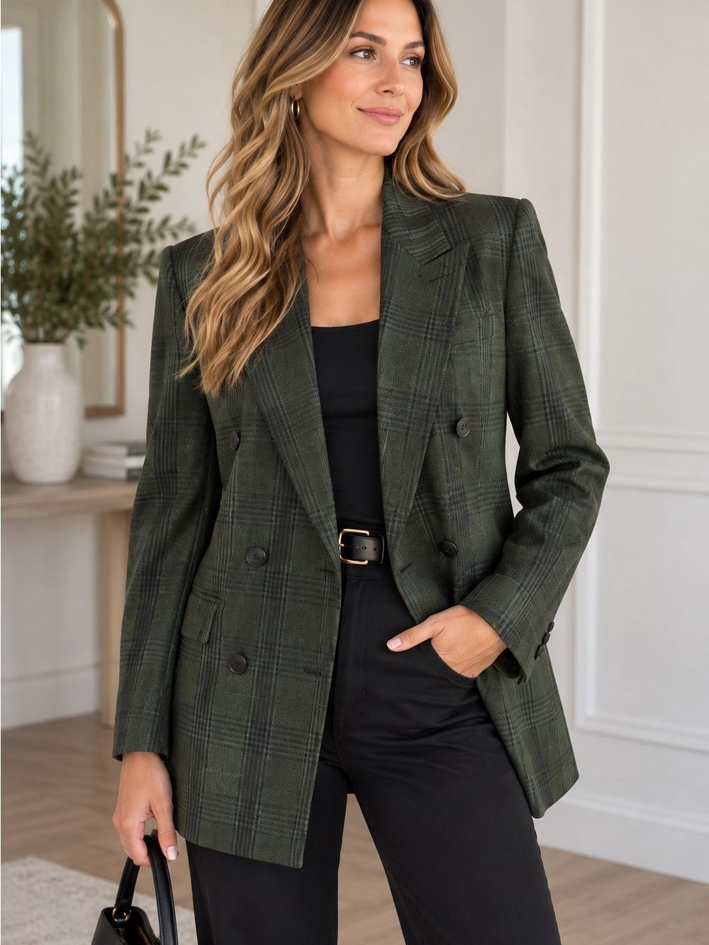 Vintage Escada Margaretha Ley Green Plaid Wool Double Breasted Blazer 40